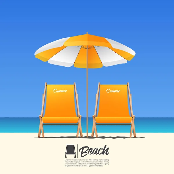 Dois cadeira de praia de verão laranja na vista frontal e guarda-chuva de praia laranja. Fundo azul do céu gradiente. Vetor . — Vetor de Stock