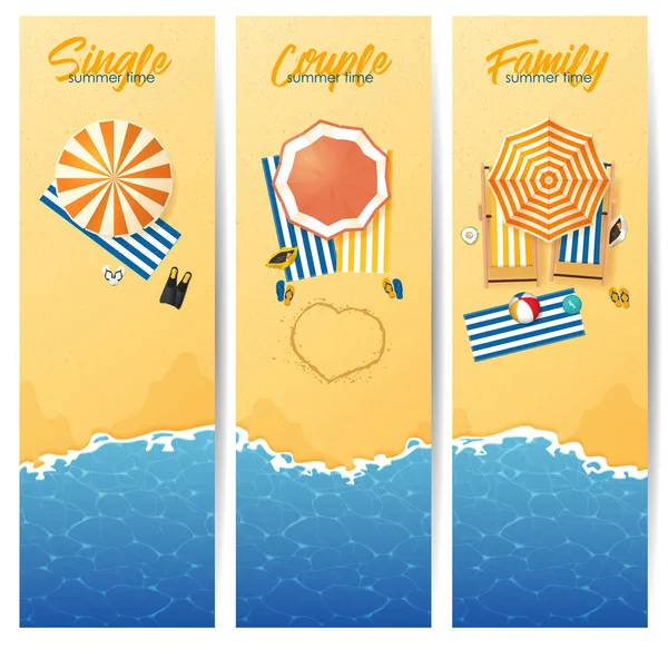 Banner conjunto de playa de verano con olas onduladas de color turquesa y playa sombrilla en la vista superior. Fondo de paisaje marino y textura de arena. Vector . — Vector de stock