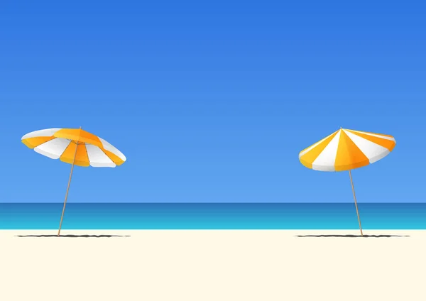 Playa de verano y sombrilla de playa naranja sobre fondo azul degradado cielo con espacio de copia para su texto. Vector . — Vector de stock