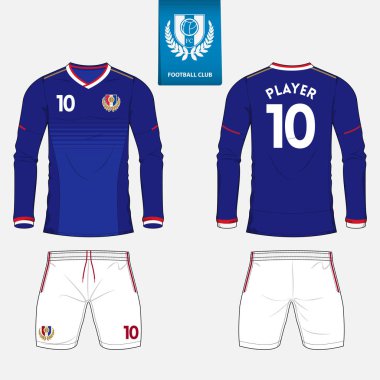 Uzun kollu futbol jersey veya futbol takımı şablonu futbol kulübü için kümesi. Futbol forması kadar sahte. Ön ve arka futbol Tekdüzen görüntüleyin. Mavi etiket üzerinde düz futbol logo.