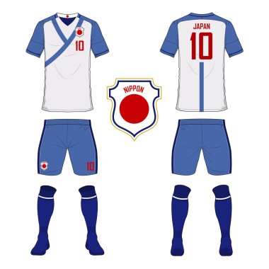 Japonya Millî Futbol takımı futbol jersey veya futbol takımı şablonu kümesi. Ön ve arka futbol Tekdüzen görüntüleyin. Spor gömlek kadar sahte. 