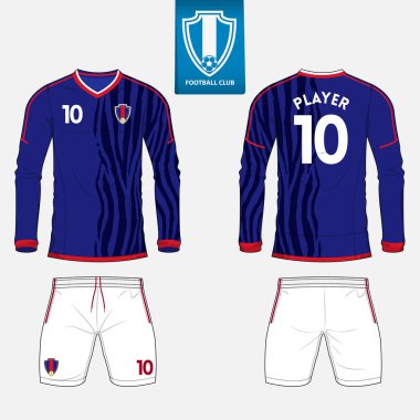 Uzun kollu futbol jersey veya futbol takımı şablonu futbol kulübü için kümesi. Futbol forması kadar sahte. Ön ve arka futbol Tekdüzen görüntüleyin. Mavi etiket üzerinde düz futbol logo.