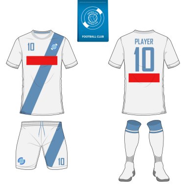 Kısa kollu futbol jersey veya futbol takımı şablonu futbol kulübü için kümesi. Futbol forması kadar sahte. Ön ve arka futbol Tekdüzen görüntüleyin. Mavi etiket üzerinde düz futbol logo. 