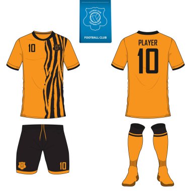 Kısa kollu futbol jersey veya futbol takımı şablonu futbol kulübü için kümesi. Futbol forması kadar sahte. Ön ve arka futbol Tekdüzen görüntüleyin. Mavi etiket üzerinde düz futbol logo. 