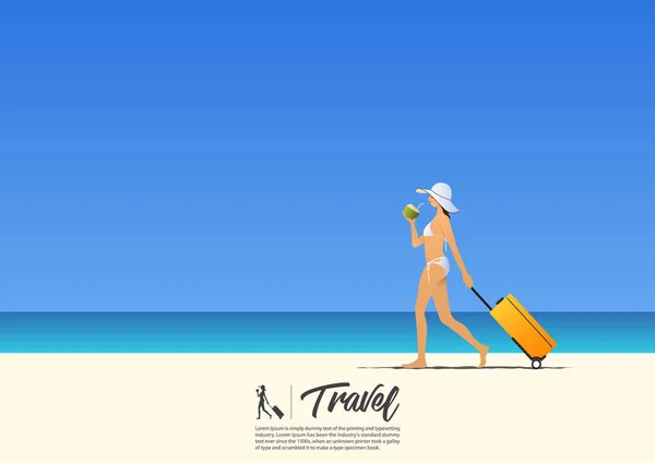 Mooi sexy meisje in bikini lopen en houden haar cabine geval en kokosnoot water op het strand van de zomer. Strand vakantie poster. — Stockvector