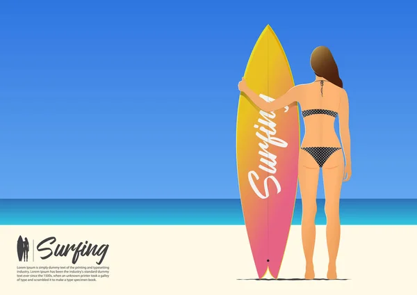 후면 보기 실루엣의 아름 다운 섹시 한 서퍼 여자 비키니 해변에서 그녀의 서핑 보드를 들고. 여름 해변 풍경입니다. 해변 휴가 포스터. — 스톡 벡터