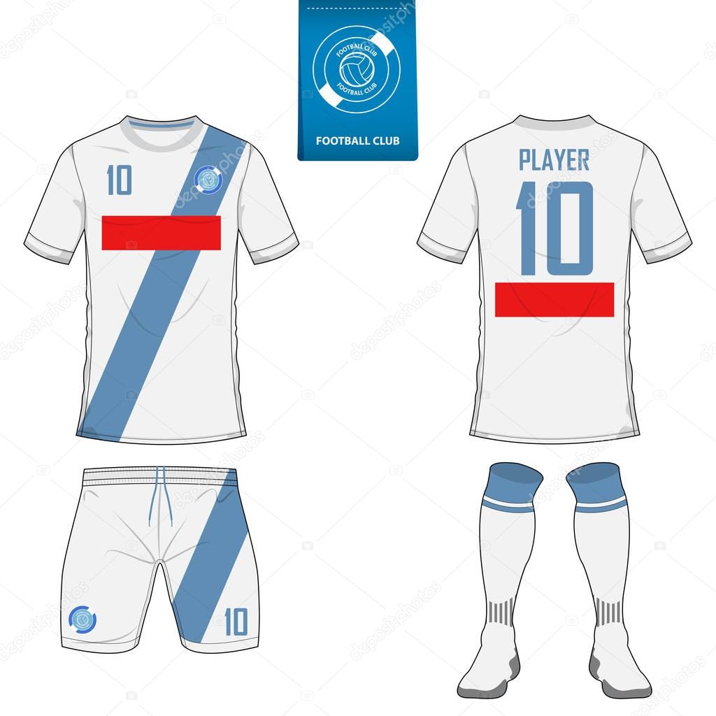 Set of short sleeve soccer jersey or football kit template for football club. Football shirt mock up. Front and back view soccer uniform. Flat football logo on blue label. 