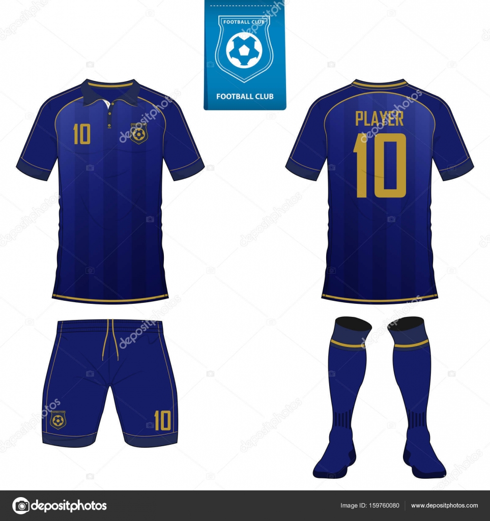 Set of short sleeve soccer jersey or football kit template for football  club. Football shirt mock up. Front and back view soccer uniform. Flat  football logo on blue label. Vector. Stock Vector