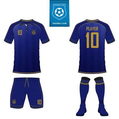 Kısa kollu futbol jersey veya futbol takımı şablonu futbol kulübü için kümesi. Futbol forması kadar sahte. Ön ve arka futbol Tekdüzen görüntüleyin. Mavi etiket üzerinde düz futbol logo. Vektör.