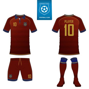 Kısa kollu futbol jersey veya futbol takımı şablonu futbol kulübü için kümesi. Futbol forması kadar sahte. Ön ve arka futbol Tekdüzen görüntüleyin. Mavi etiket üzerinde düz futbol logo. Vektör.