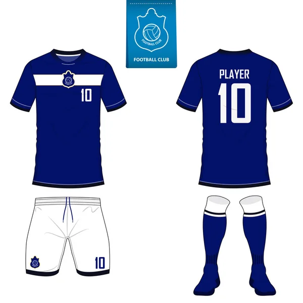 Verzameling korte mouw voetbal trui of voetbal kit sjabloon voor voetbalclub. Voetbalshirt mock up. Voor- en achterkant voetbal uniforme weergeven Platte voetbal logo op blauw label. Vector. — Stockvector