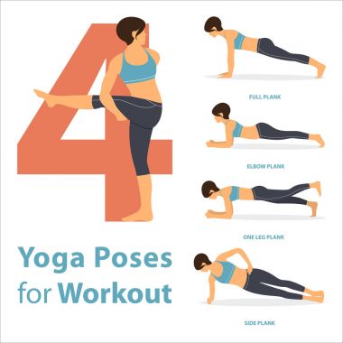 Infographic 4 Yoga için yoga duruş kadın figürleri bir dizi egzersiz düz tasarım için poz veriyor. Vektör.