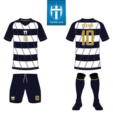 Kısa kollu futbol jersey veya futbol takımı şablonu futbol kulübü için kümesi. Futbol forması kadar sahte. Ön ve arka futbol Tekdüzen görüntüleyin. Mavi etiket üzerinde düz futbol logo. Vektör.