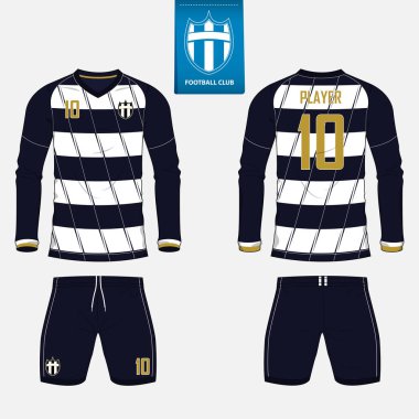 Uzun kollu futbol jersey veya futbol takımı şablonu futbol kulübü için kümesi. Futbol forması kadar sahte. Ön ve arka futbol Tekdüzen görüntüleyin. Mavi etiket üzerinde düz futbol logo. Vektör.