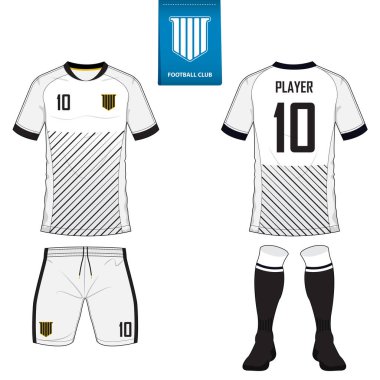 Kısa kollu futbol jersey veya futbol takımı şablonu futbol kulübü için kümesi. Futbol forması kadar sahte. Ön ve arka futbol Tekdüzen görüntüleyin. Mavi etiket üzerinde düz futbol logo. Vektör.
