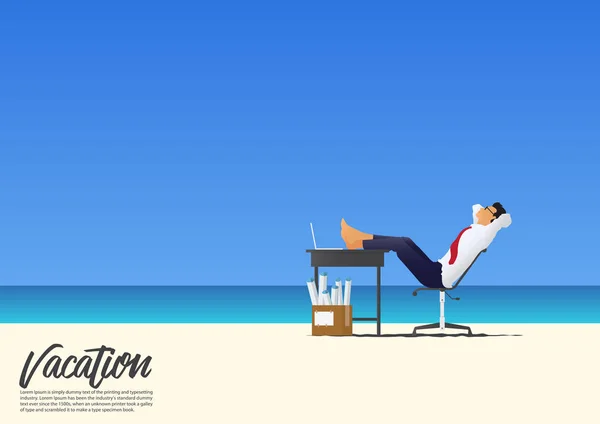 Oldalnézetből a íróasztal, fehér homokos strand, míg a nyaralni a pihentető lábukkal fel üzletember. Másol a hely a szöveg kék színátmenet ég háttér. Vektor. — Stock Vector