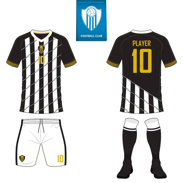 Uppsättning Kortärmad soccer jersey eller fotboll kit mall för football club. Fotbollströja mock upp. Fram och bak Visa fotboll enhetliga. Flat fotboll logo på blå etikett. Vektor. — Stock vektor