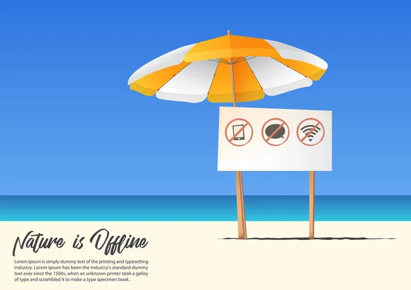 Sommer-Strandlandschaft ohne Handy-Schild und orangefarbenem Sonnenschirm auf blauem Himmelshimmel mit Kopierplatz für Ihren Text. Vektor. — Stockvektor