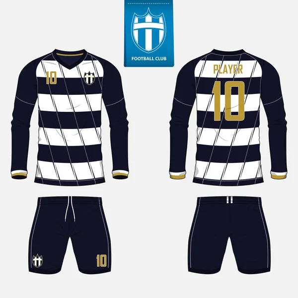 Uzun kollu futbol jersey veya futbol takımı şablonu futbol kulübü için kümesi. Futbol forması kadar sahte. Ön ve arka futbol Tekdüzen görüntüleyin. Mavi etiket üzerinde düz futbol logo. Vektör.