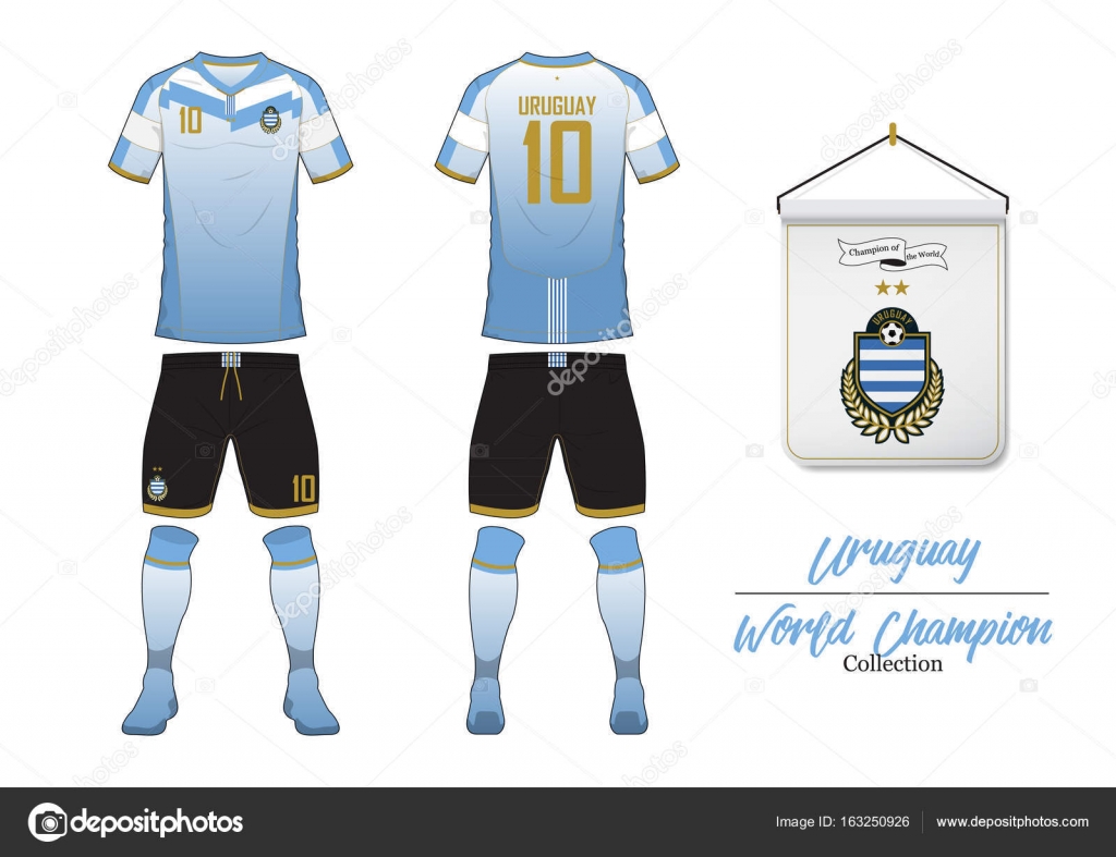 Soccer jersey or football kit in World Championship Collection. Uruguay football national team. Football logo with house flag. shirt mock up. Front soccer view uniform. Vector Stock Vector Image