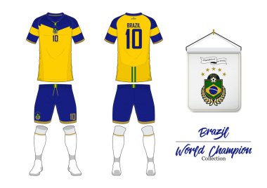 Futbol takımı Dünya Şampiyonası koleksiyonundaki jersey ya da futbol. Brezilya Futbol Milli Takımı. Futbol ev bayrak logolu. Spor gömlek kadar sahte. Ön ve arka futbol Tekdüzen görüntüleyin. Vektör.