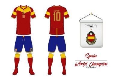 Futbol takımı Dünya Şampiyonası koleksiyonundaki jersey ya da futbol. İspanya futbol Milli Takımı. Futbol ev bayrak logolu. Spor gömlek kadar sahte. Ön ve arka futbol üniforma. Vektör 
