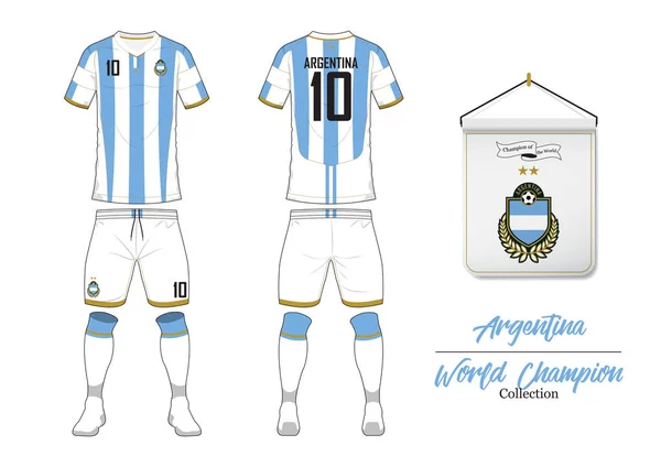 Camisola de futebol ou kit de futebol na World Championship Collection. Seleção Argentina de futebol. Logotipo de futebol com bandeira da casa. Camisa desportiva. Farda de futebol vista frontal e traseira. Vetor . —  Vetores de Stock