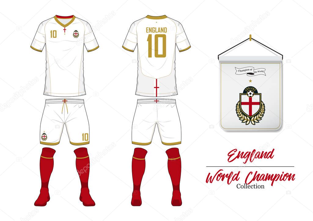 Soccer jersey or football kit in World Championship Collection. England football national team. Football logo with house flag. Sport shirt mock up. Front and rear soccer view uniform. Vector Illustration.