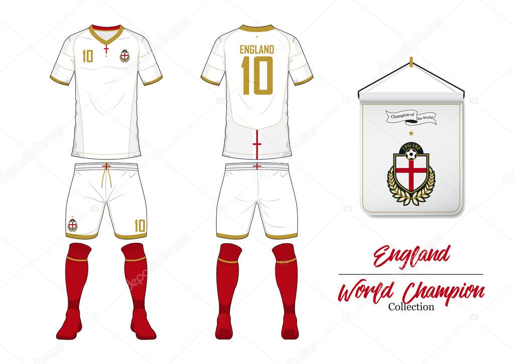 Soccer jersey or football kit in World Championship Collection. England football national team. Football logo with house flag. Sport shirt mock up. Front and rear soccer view uniform. Vector.