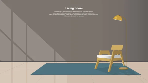 Huis interieur met meubilair. Moderne woonkamer met houten leunstoel, lampen en tapijt in platte ontwerp. Minimalistische stijl. Vector. — Stockvector
