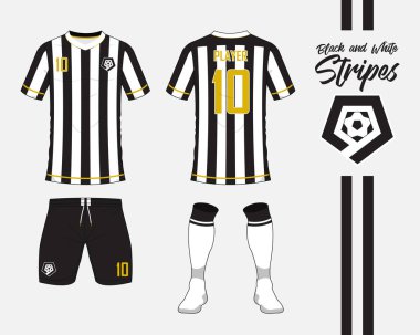 Siyah ve beyaz çizgili kavramı futbol jersey veya futbol takımı toplama. Futbol forması kadar sahte. Ön ve arka futbol Tekdüzen görüntüleyin. Düz tasarım futbol logo. Vektör.