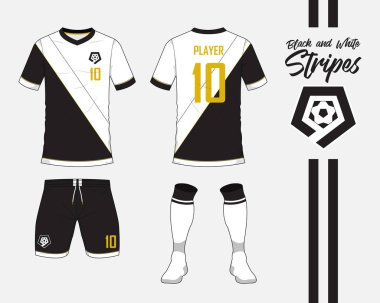 Siyah ve beyaz çizgili kavramı futbol jersey veya futbol takımı toplama. Futbol forması kadar sahte. Ön ve arka futbol Tekdüzen görüntüleyin. Düz tasarım futbol logo. Vektör.