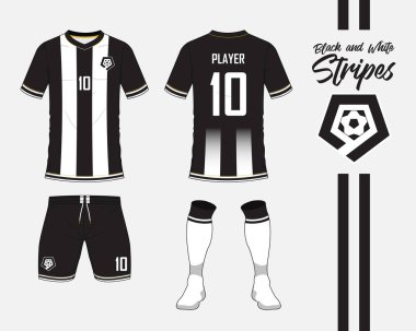 Siyah ve beyaz çizgili kavramı futbol jersey veya futbol takımı toplama. Futbol forması kadar sahte. Ön ve arka futbol Tekdüzen görüntüleyin. Düz tasarım futbol logo. Vektör.
