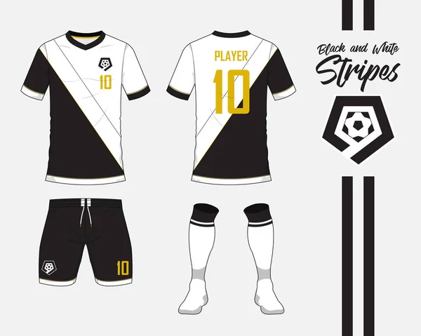 Fotbal dres nebo fotbal sada kolekce v černé a bílé pruhy konceptu. Fotbalové tričko mock-up. Přední a zadní straně zobrazit fotbalové jednotné. Fotbal logo v plochý design. Vektor. — Stockový vektor