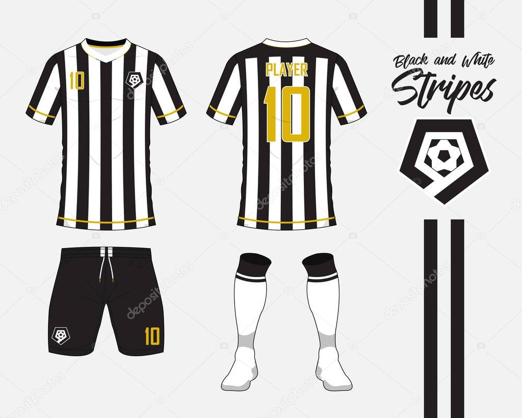 Soccer jersey or football kit collection in black and white stripes concept. Football shirt mock up. Front and back view soccer uniform. Football logo in flat design. Vector Illustration.
