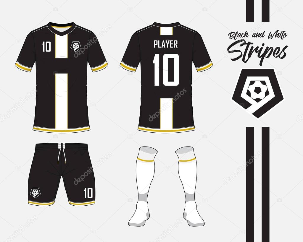 Soccer jersey or football kit collection in black and white stripes concept. Football shirt mock up. Front and back view soccer uniform. Football logo in flat design. Vector.