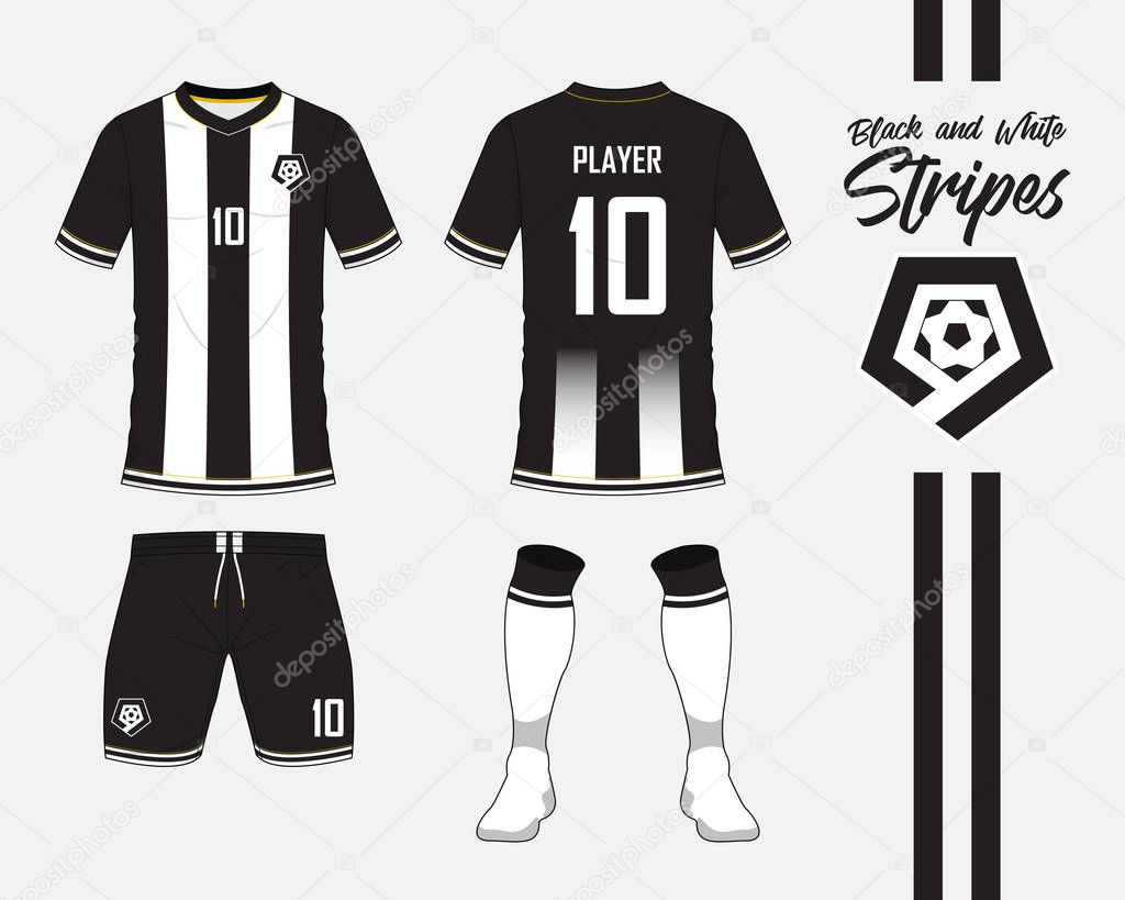 Soccer jersey or football kit collection in black and white stripes concept. Football shirt mock up. Front and back view soccer uniform. Football logo in flat design. Vector Illustration.