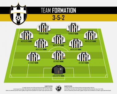 Futbol ya da futbol maç oluşumu Infographic. Futbol sahası futbol jersey ve futbol oyuncu pozisyon. Düz tasarım futbol logo. Vektör.