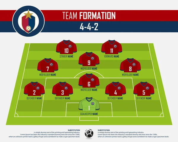 Infografica sulla formazione di partite di calcio o di calcio. Maglia da calcio e posizione di giocatore di calcio sul campo da calcio. Logo calcio in design piatto. Vettore . — Vettoriale Stock