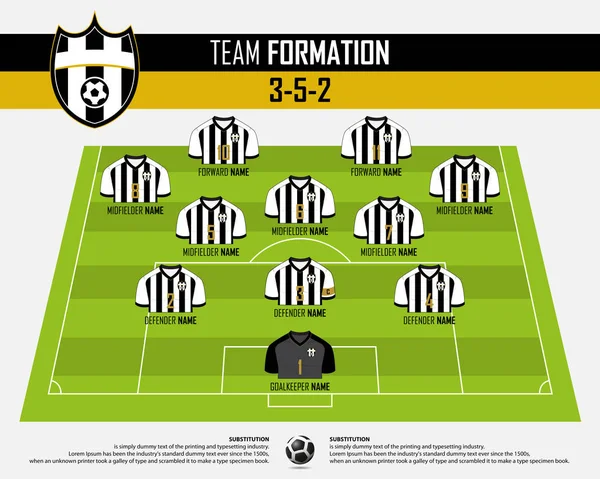 Infografía de formación de partidos de fútbol o fútbol. Camiseta de fútbol y posición de jugador de fútbol en el campo de fútbol. Logo de fútbol en diseño plano. Vector . — Vector de stock