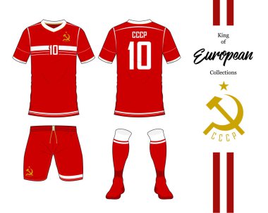 Sovyetler Birliği Futbol Milli Takımı Tekdüzen. Futbol jersey veya futbol takımı şablonu. Düz tasarım futbol logo. Ön ve arka kadar futbol t-shirt sahte görüntüleyin. Vektör.