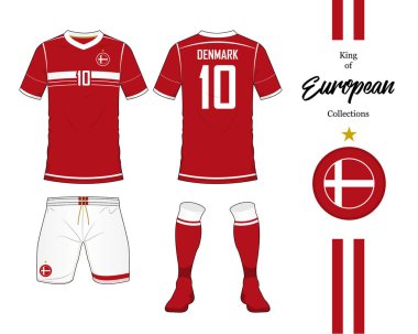 Danimarka Futbol Milli Takımı Tekdüzen. Futbol jersey veya futbol takımı şablonu. Düz tasarım futbol logo. Ön ve arka kadar futbol t-shirt sahte görüntüleyin. Vektör.