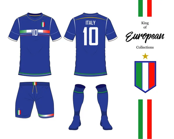 Italia nazionale di calcio uniforme. Maglia calcio o modello di kit di calcio. Logo calcio in design piatto. T-shirt calcio vista anteriore e posteriore modello up. Vettore . — Vettoriale Stock