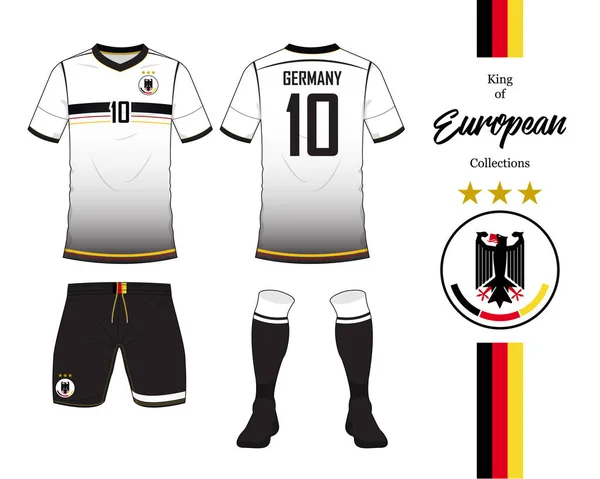 Niemcy piłka nożna drużyny narodowej jednolite. Soccer jersey lub piłka nożna zestaw szablonu. Piłka nożna logo płaska. Przednie i tylne Zobacz soccer Koszulka mock up. Wektor. — Wektor stockowy