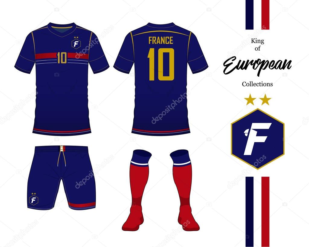 France football national team uniform. Soccer jersey or football kit template. Football logo in flat design. Front and rear view soccer t-shirt mock up. Vector.