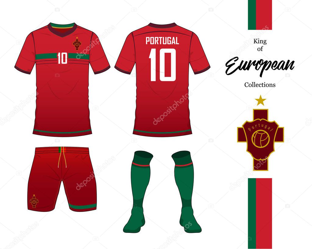 Portugal football national team uniform. Soccer jersey or football kit template. Football logo in flat design. Front and rear view soccer t-shirt mock up. Vector Illustration.