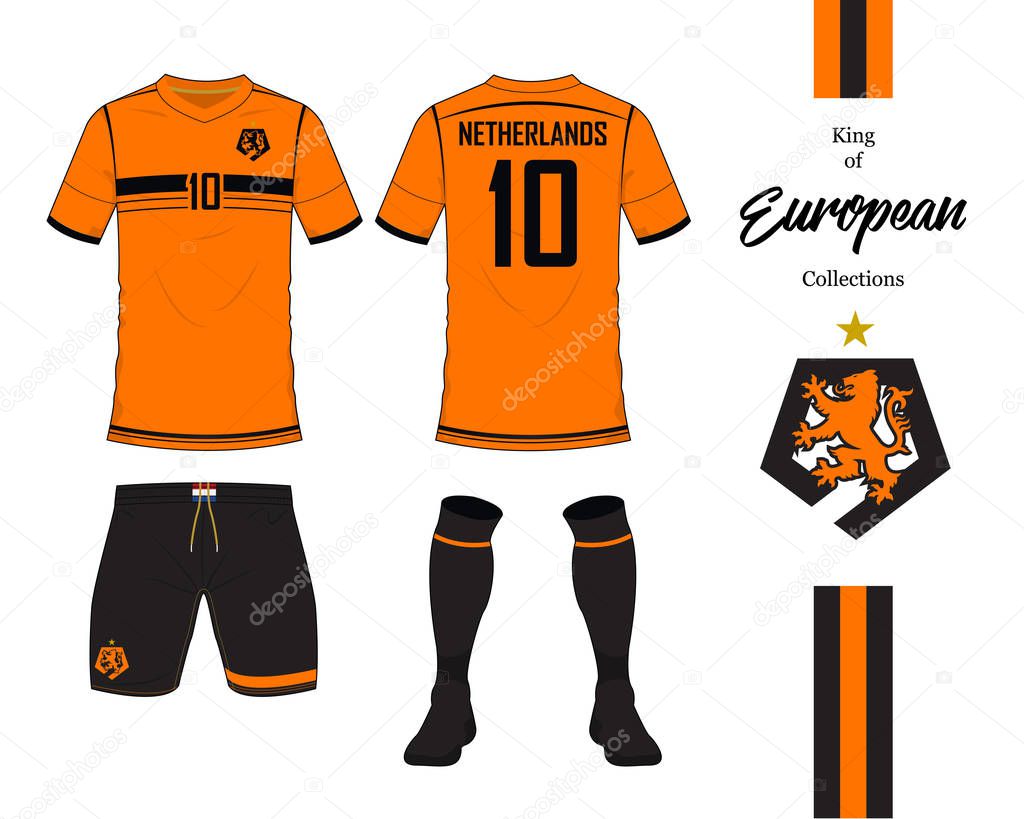 Netherlands football national team uniform. Soccer jersey or football kit template. Football logo in flat design. Front and rear view soccer t-shirt mock up. Vector