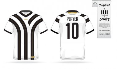 Spor Kulübü spor t-shirt veya futbol jersey şablonu. Spor giyim gömlek kadar sahte. Ön görünümü ve futbol üniforma arkadan görünüm. Giyim etiketi giyim detay ve boyutu. Vektör.