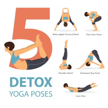 Infographic 5 Yoga için yoga duruş kadın figürleri bir dizi iyi düz tasarımında sağlıklı için poz veriyor. Vektör.