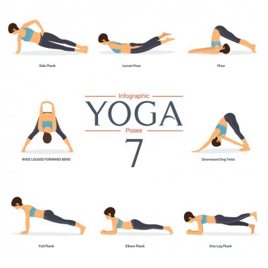 8 yoga teşkil etmektedir düz tasarım kümesi. Kadın için kıyafetler, yoga infographics için tonlar düşüyor. Vektör .